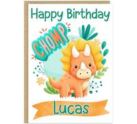 Adorable Personalised Dinosaur Birthday Card - Children's Custom Name Added Watercolour Dino with Balloons & Cake - Boys Girls Kid's Dino Party Greetings Card (Design 6)