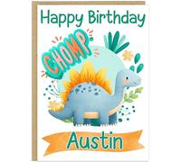 Adorable Personalised Dinosaur Birthday Card - Children's Custom Name Added Watercolour Dino with Balloons & Cake - Boys Girls Kid's Dino Party Greetings Card (Design 10)