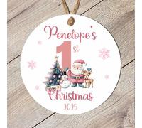 Adorable Personalised Pink Baby Girl 1st Christmas Hanging Bauble Watercolour Ballet Gingerbread Snowman Reindeer Santa & Penguin (Snowman, Reindeer & Santa, MDF Wood - Indoor Use Only)
