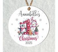 Adorable Personalised Pink Baby Girl 1st Christmas Hanging Bauble Watercolour Ballet Gingerbread Snowman Reindeer Santa & Penguin (Snowman, Penguin & Gingerbread, MDF Wood - Indoor Use Only)
