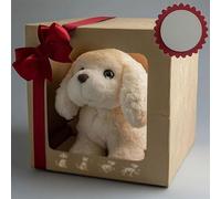 Adorable pet-themed gift box containing an interactive plush dog toy with decorative ribbon, featuring barking and moving functions for delightful moments K
