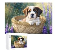 Adorable Puppy in Basket with Lavender Jigsaw Puzzle, 1000 PCS, Indoor Activity for The Home, A Relaxing Challenge for Adult Puzzle Enthusiasts