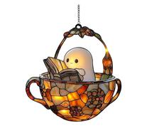 Adorable Reading Book with in Teacup Acrylic Suncatcher, Window Hanging, Perfect Halloween Bookish Bathroom Stained Glass Hangers Chain (A, One Size)