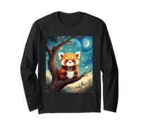 Adorable Red Panda Holding Tea Cup Van Gogh Starry Night Long Sleeve T-Shirt