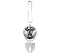 Adorable Schnauzer Car Rear View Mirror Pendant Silver Angel Wings Rearview Mirror Hanging Accessories Cute Car Hanging Ornament Personalized Cars Rearview Mirrors Charms for Women Men