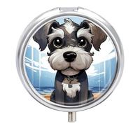 Adorable Schnauzer pilldispenser with Mirror 3 Compartments Waterproof Pillcase for Purse Pocket Non-Slip Grip Travel Medicine Organizer Container Box for Vitamin Fish Oil Supplement