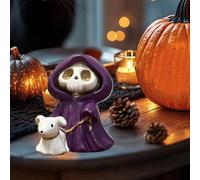 Adorable Skull Grim Reaper Statue with Walking Dog Ghost Statue Figurine, Cute Halloween Home Tabletop Figurines Decoration, Perfect for Home Front Porch Decor and Outdoor Garden Sculpture Decoration
