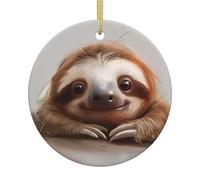 Adorable Sloth Print 2.9in Christmas Tree Ornament Xmas Ceramic Festive Home Round Shaped Hanging Decor