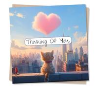 Adorable Thinking Of You Or Just a Note or Anniversary Card For A Loved One - Cat, Animal Lover, Heart, Cloud, City - For A Special Someone, Partner, Relative, Family, Friend, Husband, Wife