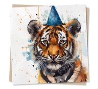 Adorable Tiger Happy Birthday Card - Tiger Wearing A Party Hat - Birthday Celebrations Card For Animal Lover, Friends, Family