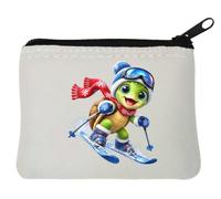Adorable Turtle Skiing Through Snowy Slopes Neoprene Coin Purse Pouch 10x11cm White