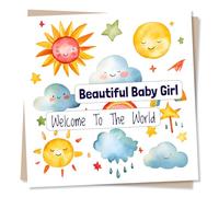 Adorable Welcome to The World Card For a Beautiful Baby Girl - Newborn, Rainbows, Clouds, Sunshine Stars - For New Parents, Special Couple, Daughter