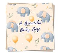 Adorable Welcome To The World Card For a Beautiful Newborn, Baby Boy - Birth - Elephant, Balloon, Celebrations, Congratulations - For New Parents, Mother, Father