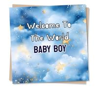 Adorable Welcome to the World Card For Beautiful Newborn Boy - Glitter, Clouds, Stars - Baby, Babies - For New Parents, Boys