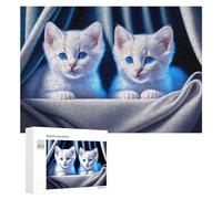 Adorable White Kittens with Blue Eyes Classic Wooden Jigsaw Puzzle for Adults, 300 PCS