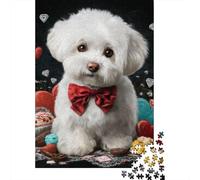 Adorable White Poodle with Red Bow Tie 1000-Piece Puzzle for Adults, 52x38cm/1000pcs, to Complete Gradually over A Weekend; White Cardboard with Reduced Dust