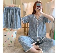 Adorable Womens Sleepwear Three Piece Pajama Set Featuring a Stylish Top, Comfortable Shorts, and Long Pants (L Blue2)