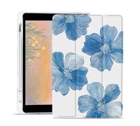 AdorableWhimsy Blue Flower Case for iPad A16 11th Generation 11" /iPad 10th Generation 10.9" Cute Floral Trifold Stand White Leather Case Clear Back Cover with Pencil Holder Auto Wake/Sleep
