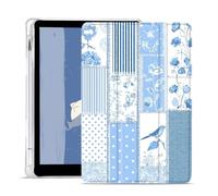 AdorableWhimsy Blue Patchwork Floral Case for iPad mini 7 (A17 Pro) 2024 / iPad mini 6 2021 8.3 Inch with Pencil Holder Aesthetic Vintage Design Trifold Stand Leather Protective Cover