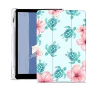 AdorableWhimsy Blue Sea Turtle Case for iPad 9th/7th/8th Generation(2021/2020/2019 10.2 Inch) Hibiscus Flower Design Foldable Leather Protective Case Soft Back Cover with Pencil Holder