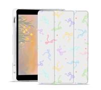 AdorableWhimsy Colorful Bow Ribbon Case for iPad mini 7 (A17 Pro) 2024 / iPad mini 6 2021 8.3 Inch with Pencil Holder Auto Sleep/Wake Trifold White Leather Soft TPU Back Cover for Girls Kids