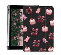 AdorableWhimsy Cute Bow Cherry Case for iPad 9th/7th/8th Generation (2021/2020/2019 10.2 Inch) with Pencil Holder Sweet Cake Aesthetic Kawaii Girly Case Foldable Leather Protective Cover