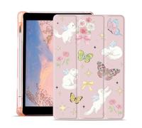 AdorableWhimsy Cute Cat Flower Case for iPad A16 11th Generation 2025 11" / iPad 10th Gen 2022 10.9" Aesthetic Butterfly Trifold Tablet Protective Case Pink Leather Soft Back Cover with Pencil Holder