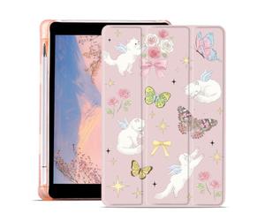 AdorableWhimsy Cute Cat Flower Case for iPad A16 11th Generation 2025 11" / iPad 10th Gen 2022 10.9" Aesthetic Butterfly Trifold Tablet Protective Case Pink Leather Soft Back Cover with Pencil Holder