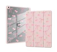 AdorableWhimsy Cute Cherry Bowknot Case for iPad A16 11th Generation 2025 11" / iPad 10th Generation 2022 10.9" with Pencil Holder Kawaii Girly Pink Leather Clear Back Shell Foldable Protective Cover