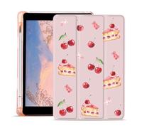 AdorableWhimsy Cute Cherry Case for iPad 9th/7th/8th Generation (2021/2020/2019 10.2 Inch) with Pencil Holder Sweet Cake Lovely Girly Aesthetic Case Foldable Pink Leather Protective Cover