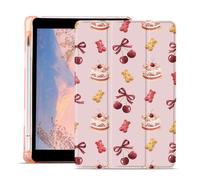 AdorableWhimsy Cute Cherry Case for iPad (A16) 11th Gen 2025 11" / iPad 10th Generation 2022 10.9" with Pencil Holder Sweet Desserts Aesthetic Girly Case Foldable Pink Leather Protective Cover