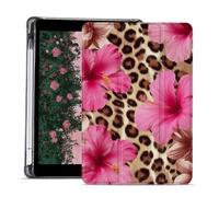AdorableWhimsy Hibiscus Flower Case for iPad Air 11" M3 2025/M2 2024/iPad Air 5th/4th 10.9" 2022/2020 Animal Print Aesthetic Design Foldable Leather Protective Case Soft Back Cover with Pencil Holder