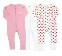 AdoraCub 3-Pack Baby Zip Sleepsuits, Organic Cotton | White, Pink with Love Heart & White covered in gorgeous red hearts | Soft, Comfortable, Breathable | Newborn size to 2 yrs | Wrapped in gift box