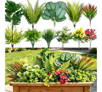ADORAMOUR 20Pcs Artificial Plants Outdoor - 11 Varieties Fake Tropical Plants and Flowers, UV Resistant Weatherproof Assorted Foliage Greenery Set for Outdoor Garden Patio Window Planter Box Decor