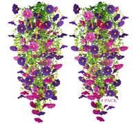 ADORAMOUR Artificial Hanging Flowers Vines - 4 Pcs Fake Morning Glory for Outdoor, Faux Trailing Blooms for Garden Patio Balcony Window Box, Floral Garland for Trellis Fence Porch & Pergola Decor