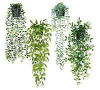 ADORAMOUR Artificial Hanging Plants with Pots, Set of 4 Fake Trailing Plants, Faux Eucalyptus, Peapod, Green Eucalyptus and Mandala Vine for Indoor, Outdoor, Room, Wall Shelf, Bathroom, Home Decor