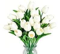 ADORAMOUR White Artificial Tulips - 20 Pack 34cm Length Fake Flower Bouquet, Real Touch PU Faux Floral Decor for Vase, Wedding Table, Home Indoor, Spring Easter & Party