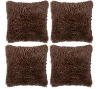Adore 4 x Long Pile Soft & Cuddly Shaggy 17x17 (43x43cm) Faux Fur Cushion Cover, Chocolate