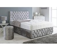 Adore Designs Chesterfield Crushed Velvet Divan Bed, Ortho Mattress, Footboard & Round Stool - 3Ft Single - Grey - 2 Drawers Right Side