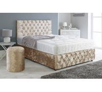 Adore Designs Chesterfield Crushed Velvet Divan Bed, Ortho Mattress, Footboard & Round Stool - 3Ft Single - Gold - 2 Drawers Left Side