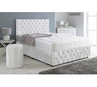 Adore Designs Chesterfield Crushed Velvet Divan Bed, Ortho Mattress, Footboard & Round Stool - 3Ft Single - White - 2 Drawers Right Side