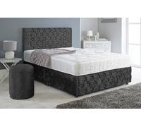 Adore Designs Chesterfield Crushed Velvet Divan Bed, Ortho Mattress, Footboard & Round Stool - 3Ft Single - Black - 2 Drawers Right Side