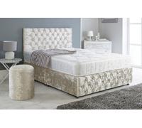 Adore Designs Chesterfield Crushed Velvet Divan Bed, Ortho Mattress, Footboard & Round Stool - 3Ft Single - Cream - 2 Drawers Right Side