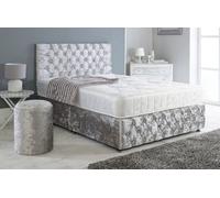 Adore Designs Chesterfield Crushed Velvet Divan Bed, Ortho Mattress, Footboard & Round Stool - 3Ft Single - Silver - 2 Drawers Left Side