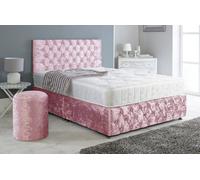 Adore Designs Chesterfield Crushed Velvet Divan Bed, Ortho Mattress, Footboard & Round Stool - 3Ft Single - Pink - 2 Drawers Left Side