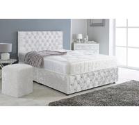 Adore Designs Chesterfield Crushed Velvet Divan Bed, Ortho Mattress, Footboard & Square Stool - 3Ft Single - White - 2 Drawers Right Side