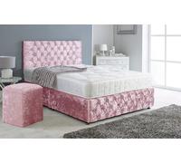 Adore Designs Chesterfield Crushed Velvet Divan Bed, Ortho Mattress, Footboard & Square Stool - 6Ft Super King - Pink - 2 Drawers Left Side
