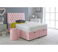 Adore Designs Chesterfield Plush Velvet Ottoman Storage Bed, With Ortho Mattress & Round Stool - 5Ft Kingsize - Pink