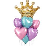 Adorely Pink Blue Purple Princess Balloons, 7pc Set: 18Inch Pink Teal Blue Heart & 27Inch Gold Crown Foil Balloons for Girls & Women's Celebration Parties