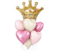 Adorely Pink Cream White Princess Balloons, 7pc Set: 18Inch Pink Cream White Heart & 27Inch Gold Crown Princess Foil Balloons for Girls' Parties